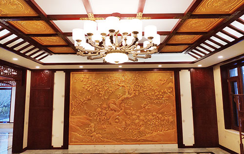 融安中式别墅客厅中式木作横梁吊顶装饰展示
